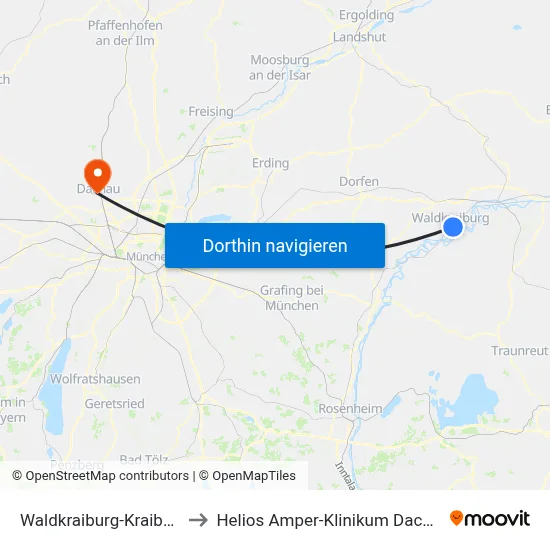 Waldkraiburg-Kraiburg to Helios Amper-Klinikum Dachau map