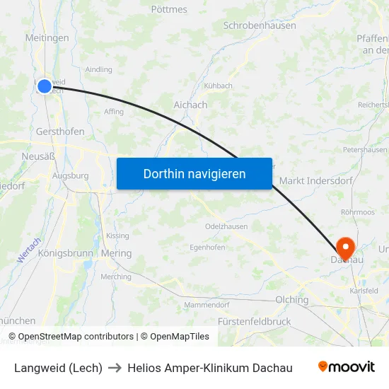 Langweid (Lech) to Helios Amper-Klinikum Dachau map
