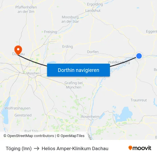 Töging (Inn) to Helios Amper-Klinikum Dachau map