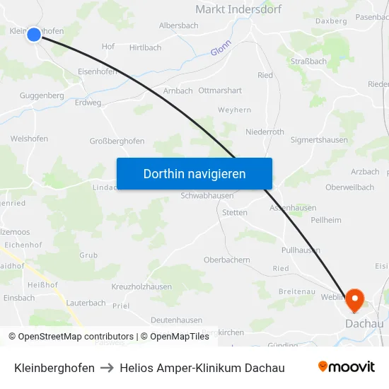 Kleinberghofen to Helios Amper-Klinikum Dachau map