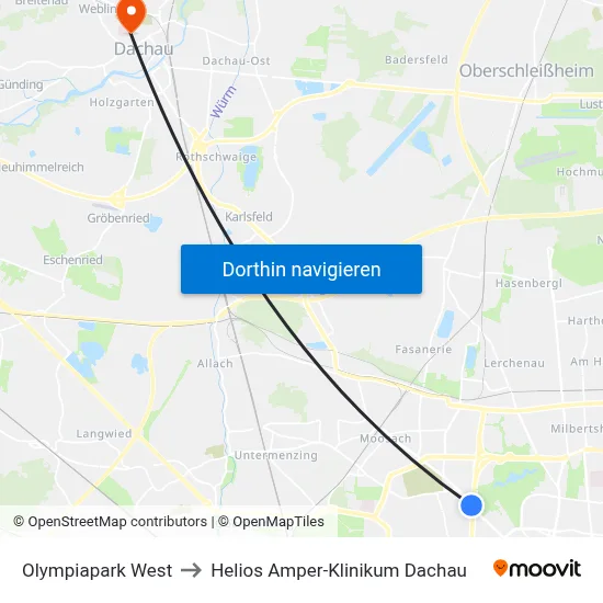 Olympiapark West to Helios Amper-Klinikum Dachau map