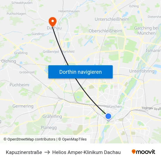 Kapuzinerstraße to Helios Amper-Klinikum Dachau map