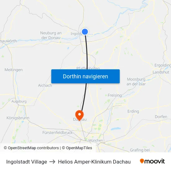 Ingolstadt Village to Helios Amper-Klinikum Dachau map