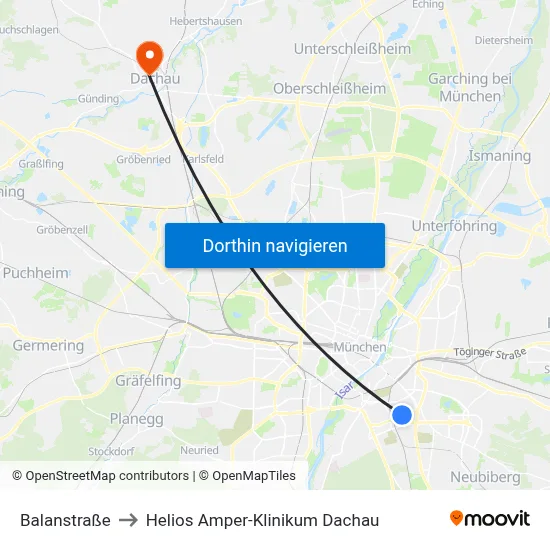 Balanstraße to Helios Amper-Klinikum Dachau map