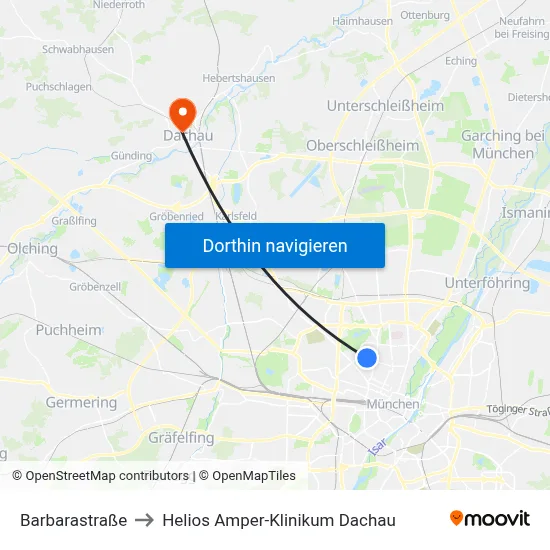 Barbarastraße to Helios Amper-Klinikum Dachau map