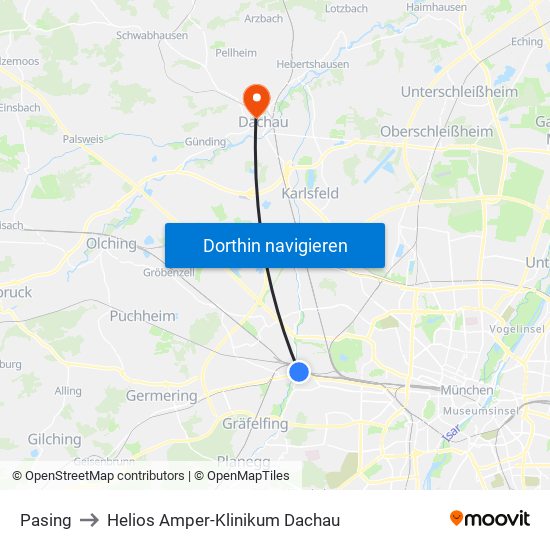 Pasing to Helios Amper-Klinikum Dachau map