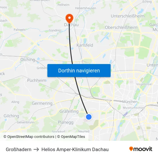 Großhadern to Helios Amper-Klinikum Dachau map