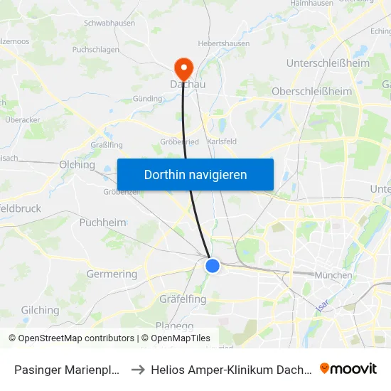 Pasinger Marienplatz to Helios Amper-Klinikum Dachau map