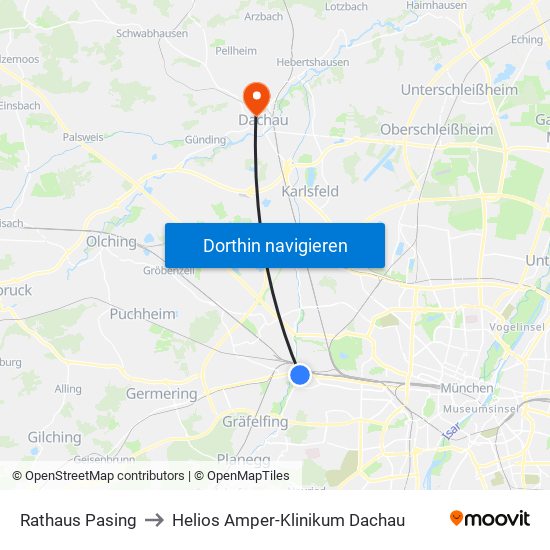 Rathaus Pasing to Helios Amper-Klinikum Dachau map