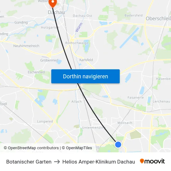Botanischer Garten to Helios Amper-Klinikum Dachau map