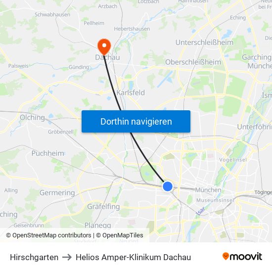 Hirschgarten to Helios Amper-Klinikum Dachau map