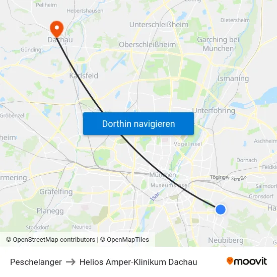 Peschelanger to Helios Amper-Klinikum Dachau map