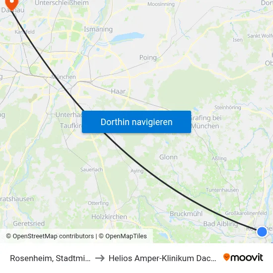 Rosenheim, Stadtmitte to Helios Amper-Klinikum Dachau map