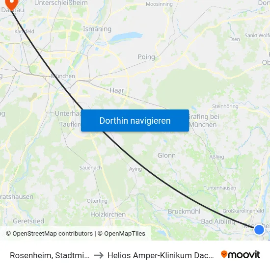 Rosenheim, Stadtmitte to Helios Amper-Klinikum Dachau map