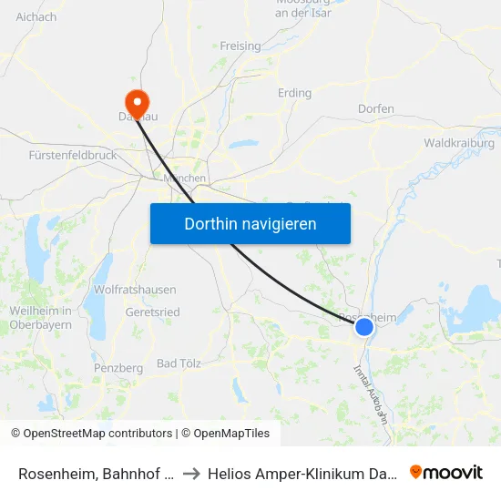 Rosenheim, Bahnhof Süd to Helios Amper-Klinikum Dachau map