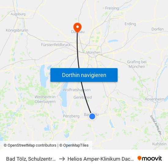 Bad Tölz, Schulzentrum to Helios Amper-Klinikum Dachau map