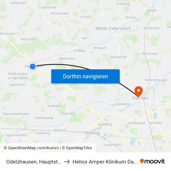 Odelzhausen, Hauptstraße to Helios Amper-Klinikum Dachau map
