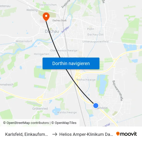 Karlsfeld, Einkaufsmärkte to Helios Amper-Klinikum Dachau map