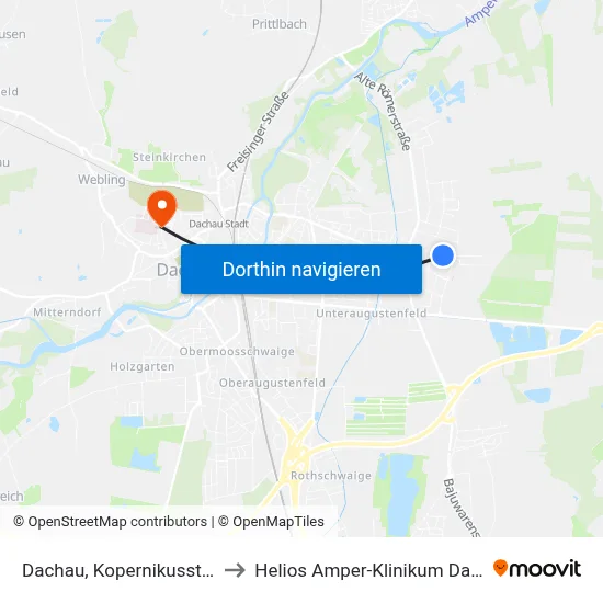 Dachau, Kopernikusstraße to Helios Amper-Klinikum Dachau map