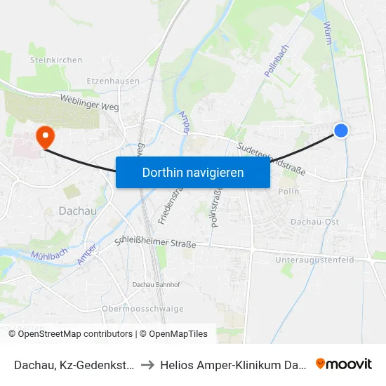Dachau, Kz-Gedenkstätte to Helios Amper-Klinikum Dachau map