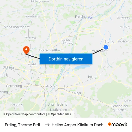 Erding, Therme Erding to Helios Amper-Klinikum Dachau map