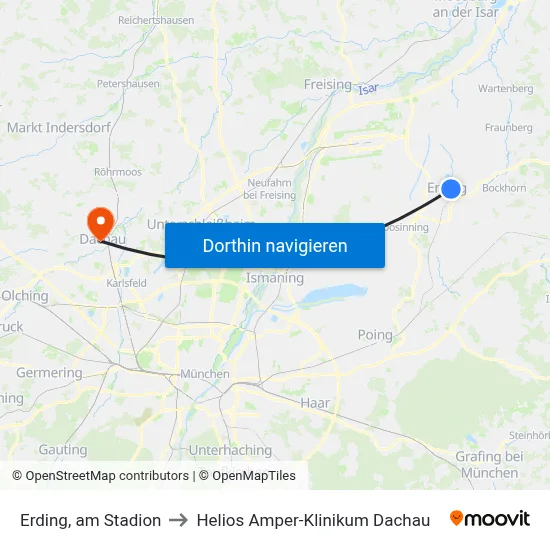 Erding, am Stadion to Helios Amper-Klinikum Dachau map