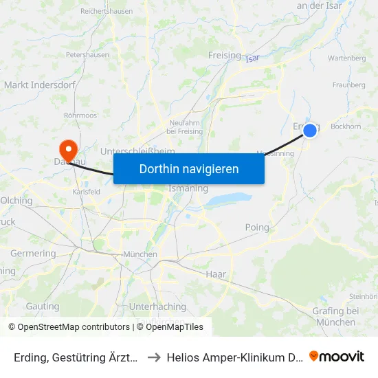 Erding, Gestütring Ärztezentr. to Helios Amper-Klinikum Dachau map