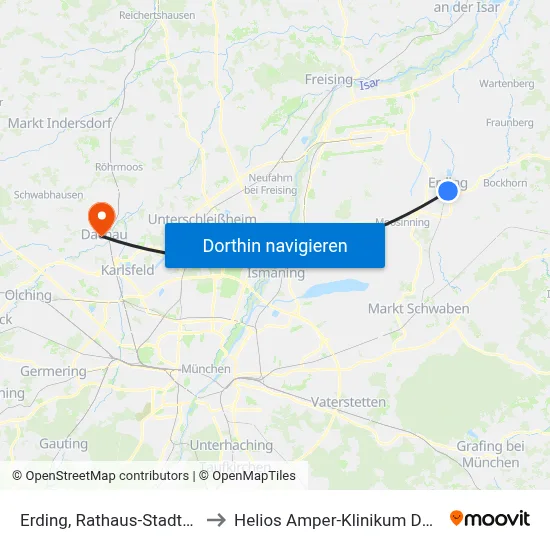 Erding, Rathaus-Stadtmitte to Helios Amper-Klinikum Dachau map