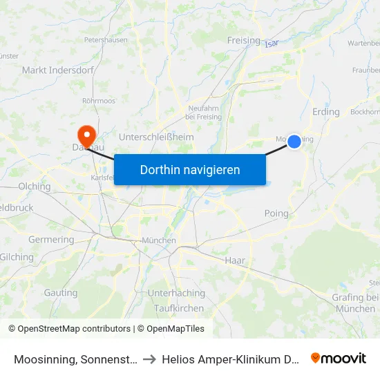Moosinning, Sonnenstraße to Helios Amper-Klinikum Dachau map