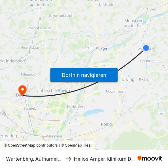 Wartenberg, Aufhamerstraße to Helios Amper-Klinikum Dachau map