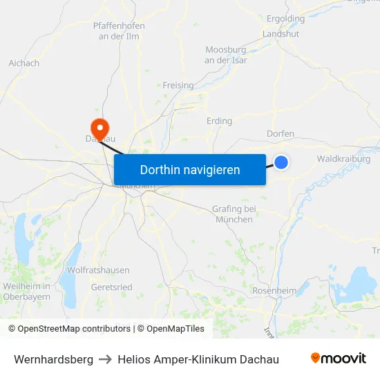 Wernhardsberg to Helios Amper-Klinikum Dachau map