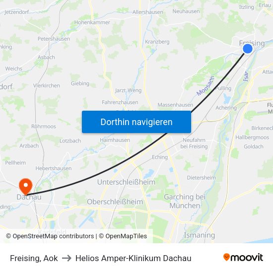 Freising, Aok to Helios Amper-Klinikum Dachau map