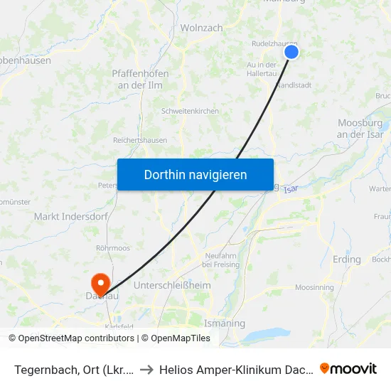 Tegernbach, Ort (Lkr.Fs) to Helios Amper-Klinikum Dachau map