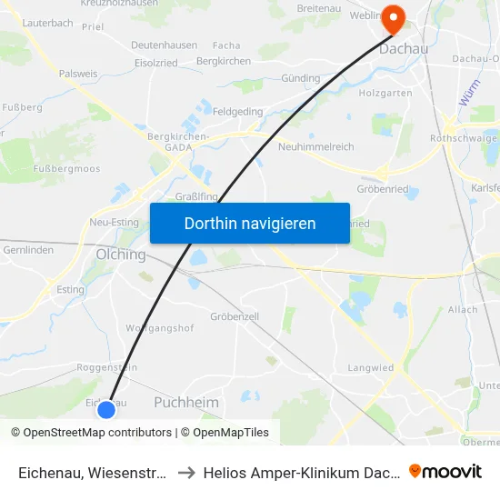Eichenau, Wiesenstraße to Helios Amper-Klinikum Dachau map