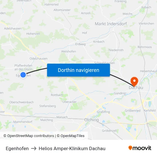 Egenhofen to Helios Amper-Klinikum Dachau map