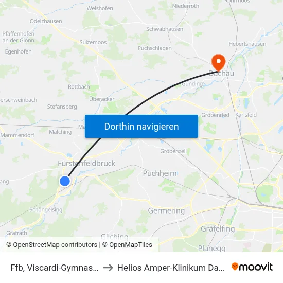 Ffb, Viscardi-Gymnasium to Helios Amper-Klinikum Dachau map