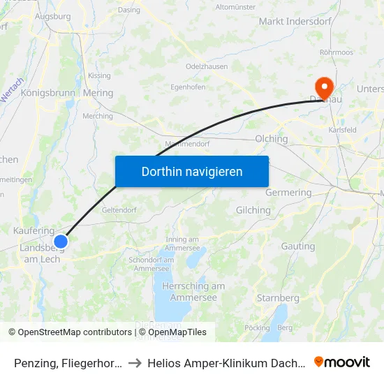Penzing, Fliegerhorst to Helios Amper-Klinikum Dachau map