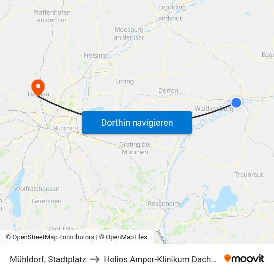 Mühldorf, Stadtplatz to Helios Amper-Klinikum Dachau map