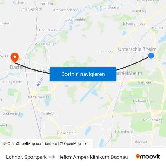 Lohhof, Sportpark to Helios Amper-Klinikum Dachau map