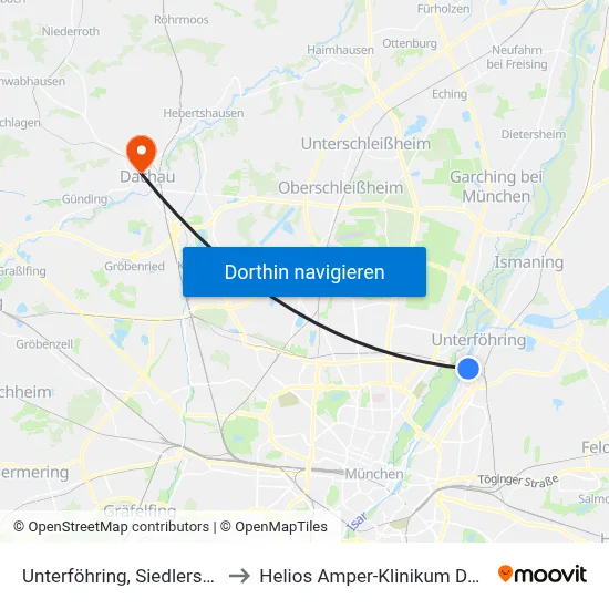 Unterföhring, Siedlerstraße to Helios Amper-Klinikum Dachau map