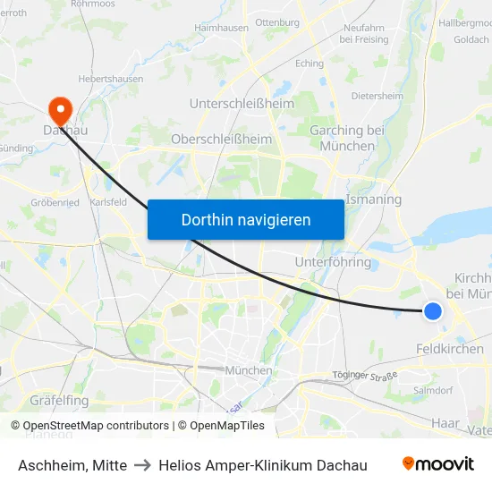 Aschheim, Mitte to Helios Amper-Klinikum Dachau map