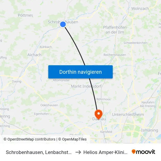 Schrobenhausen, Lenbachstraße (Stadtmitte) to Helios Amper-Klinikum Dachau map