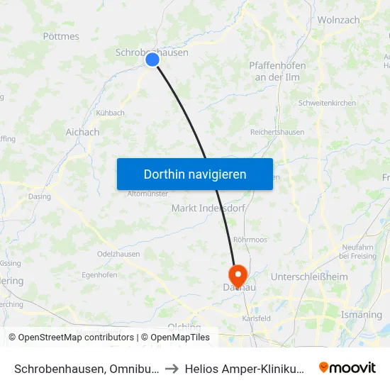 Schrobenhausen, Omnibusbahnhof to Helios Amper-Klinikum Dachau map
