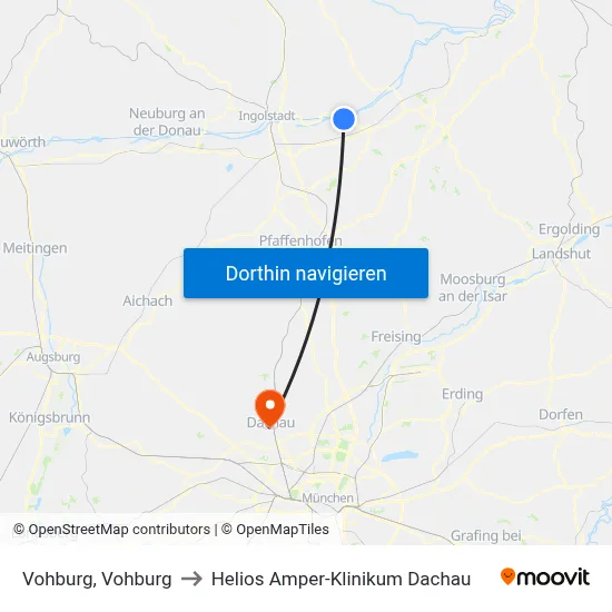 Vohburg, Vohburg to Helios Amper-Klinikum Dachau map