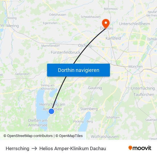 Herrsching to Helios Amper-Klinikum Dachau map