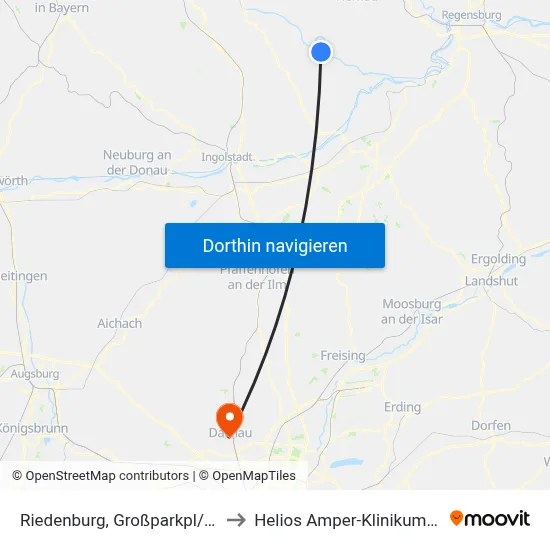 Riedenburg, Großparkpl/Zentrum to Helios Amper-Klinikum Dachau map