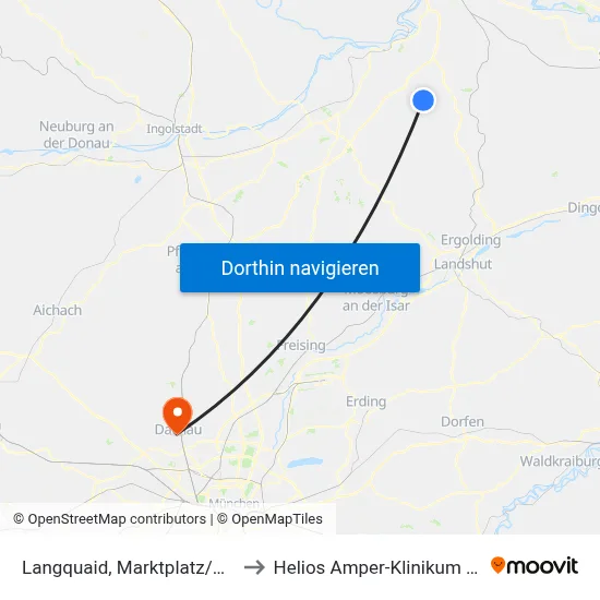 Langquaid, Marktplatz/Zentrum to Helios Amper-Klinikum Dachau map
