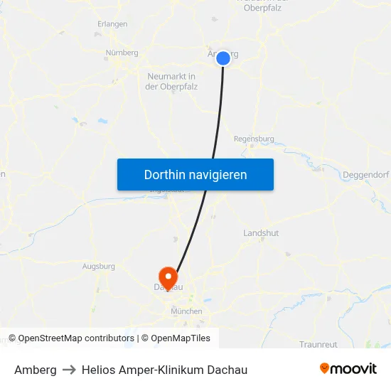 Amberg to Helios Amper-Klinikum Dachau map