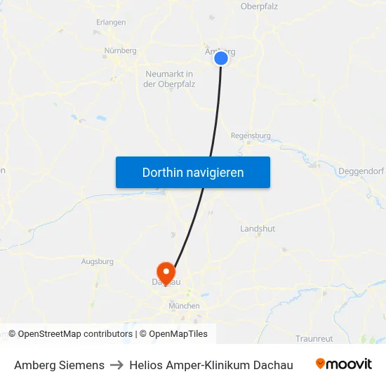 Amberg Siemens to Helios Amper-Klinikum Dachau map