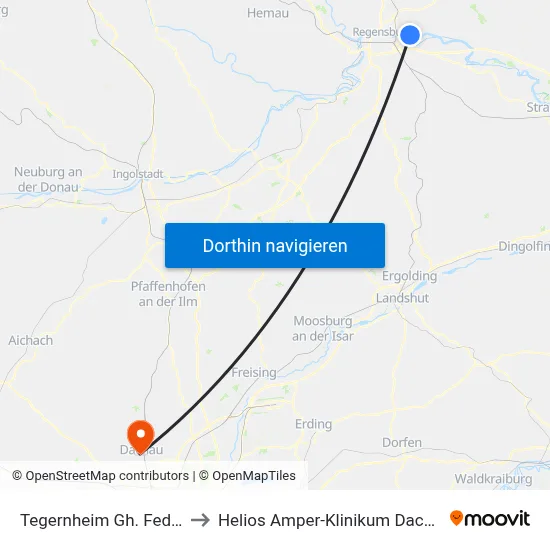 Tegernheim Gh. Federl to Helios Amper-Klinikum Dachau map